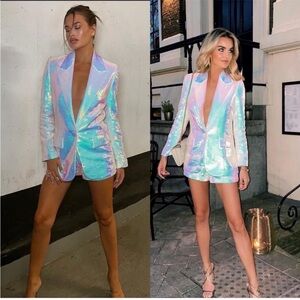 Nadine Merabi Karla Sequin Blazer Shorts Set in White iridescent NWT